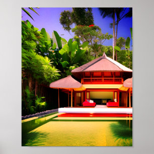 Poster Casa de fada de neve vermelha branca bambu verde j