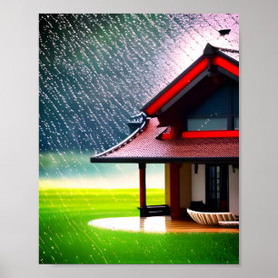 Poster Casa de fada de neve vermelha branca chovendo jard