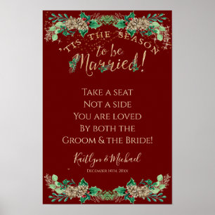 Poster Casa de Natal Dourada Folhagem Vermelha não Lado