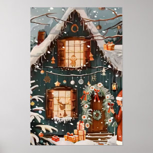 Poster Casa de Natal Feliz Vintage