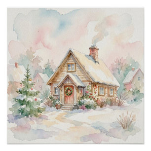 Pôster Casa de Natal Pastel Pintura em Aquarela de Invern