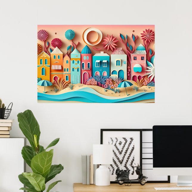 Poster casa de praia de efeito 3d bonito (Escritório em casa)
