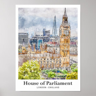 Poster Casa do Parlamento London Watercolor Hand Drawn