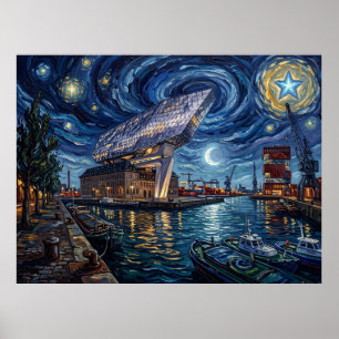 Poster Casa do Porto de Antuérpia Havenhuis sob a Noite E