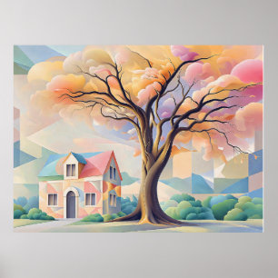Poster Casa e Árvore em Pastéis Art Déco