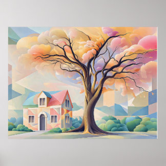 Poster Casa e Árvore em Pastéis Art Déco