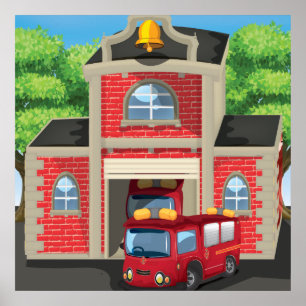 Poster Casa e carro de bombeiros do fogo