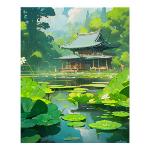 Pôster Casa e lago japoneses com as calças verdes