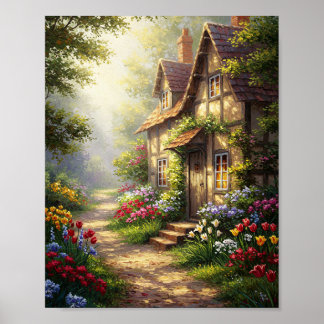 Poster Casa Ensolarada & Flores | Obra-Prima a Óleo
