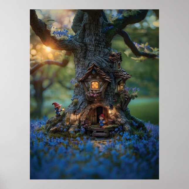 Poster Casa Gnome em uma árvore cercada por bluebells (Frente)