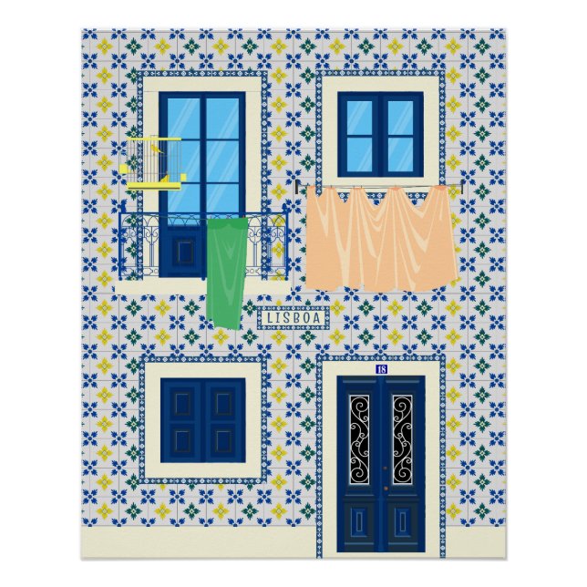 Pôster Casa portuguesa Lisboa com azulejos e aves (Frente)