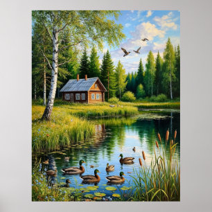 Poster Casa Serena junto a um Lago Florestal com Patos