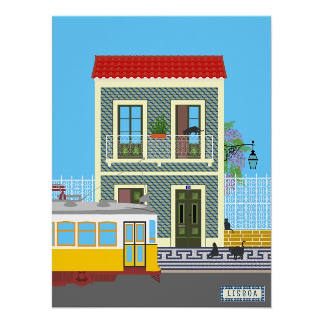 Pôster Casa velha de Lisboa com gatos e elétrico amarelo (Frente)