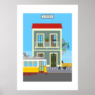 Poster Casa velha de Lisboa com gatos e elétrico amarelo