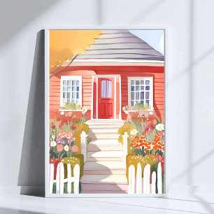 Poster Casa Vermelha Lindo Quadro em Aquarela