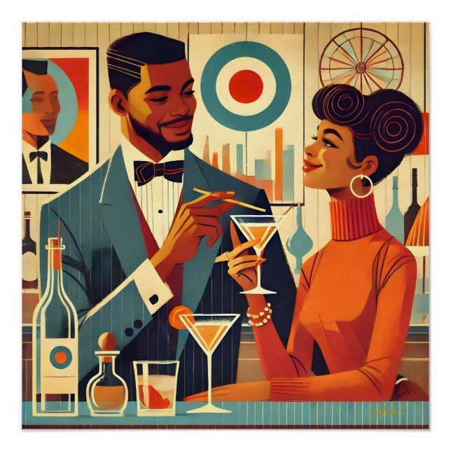 Pôster Casais de Festa de Cocktail dos Meados do Século - (Frente)