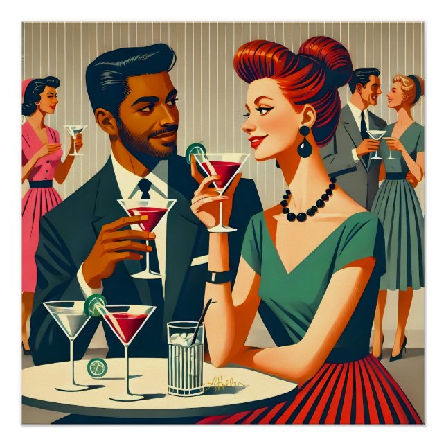 Pôster Casais de Festa de Cocktail dos Meados do Século - (Frente)