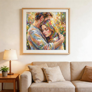 Poster Casal Abraça o Estilo Impressionista