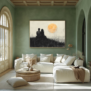 Poster Casal Assistindo ao Pôr do Sol em Arte Preto e Bra