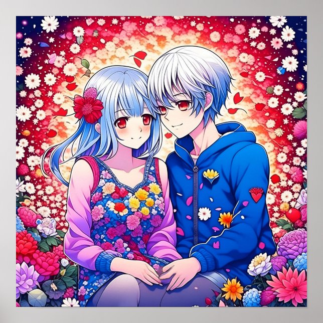 Poster Casal de Anime Bonito rodeado por Flores e Coração (Frente)
