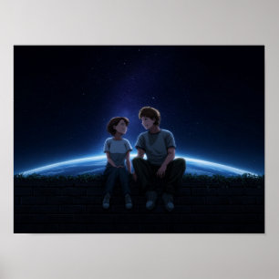 Poster Casal de Anime Romântico Sentado Sob o Cosmos Estr