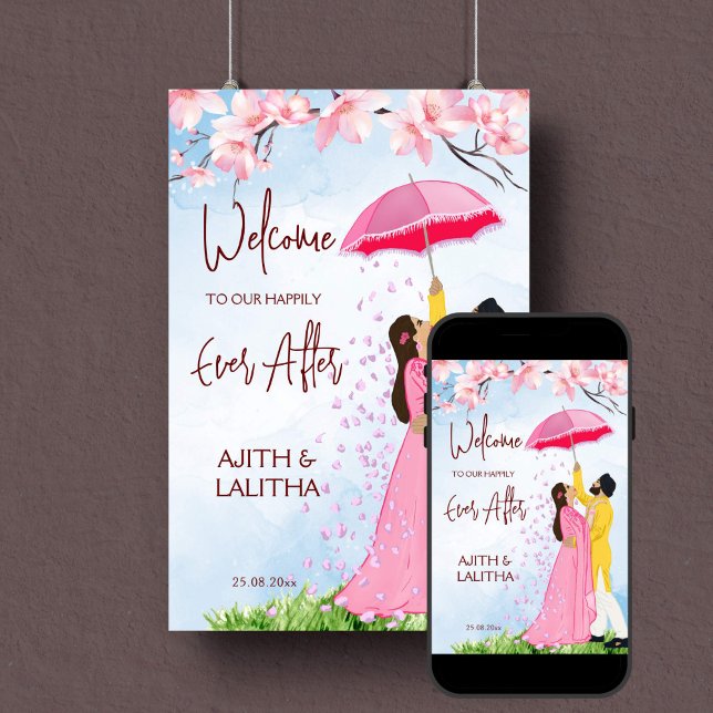 Poster Casal de boas-vindas do casamento indiano com guar (Indian wedding welcome sign poster instant download romantic sikh couple umbrella falling petals )