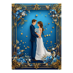 Pôster Casal de Casamento Elegante Embracando com Quadro 