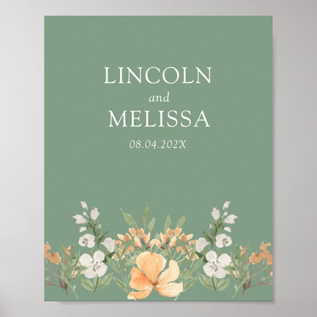 Poster Casal de Casamento Floral Branco, Basil, Peach (Frente)