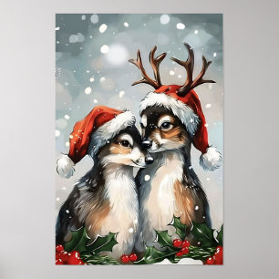 Poster Casal de Cervos de Natal Vintage Alegre