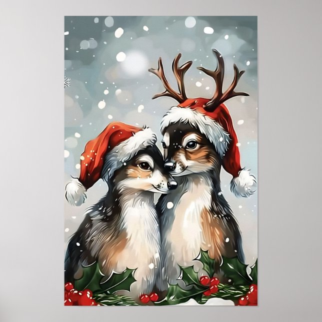 Poster Casal de Cervos de Natal Vintage Alegre (Frente)