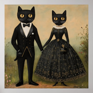 Poster Casal de gatos pretos arte popular vintage gótico