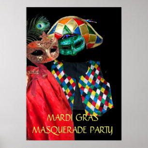 PÔSTER CASAL DE MASCARADA DE MARDI GRAS,COSTUME DE HARLEQ
