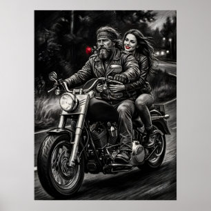 Poster Casal de Motociclistas Passeio Noturno de Motocicl