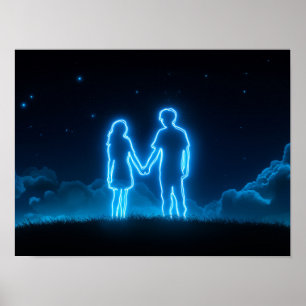 Poster Casal de Neon de mãos dadas sob o céu estrelado