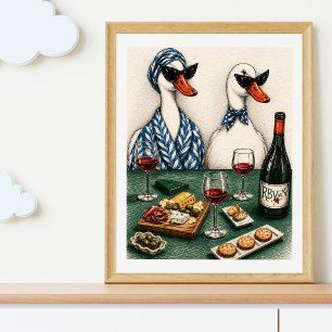 Poster Casal de Pato Elegante Arte de Vinho e Queijo