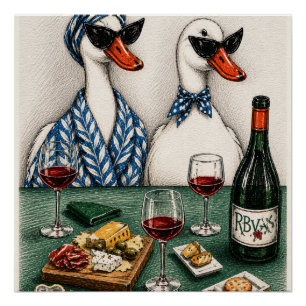 Pôster Casal de Pato Elegante Arte de Vinho e Queijo
