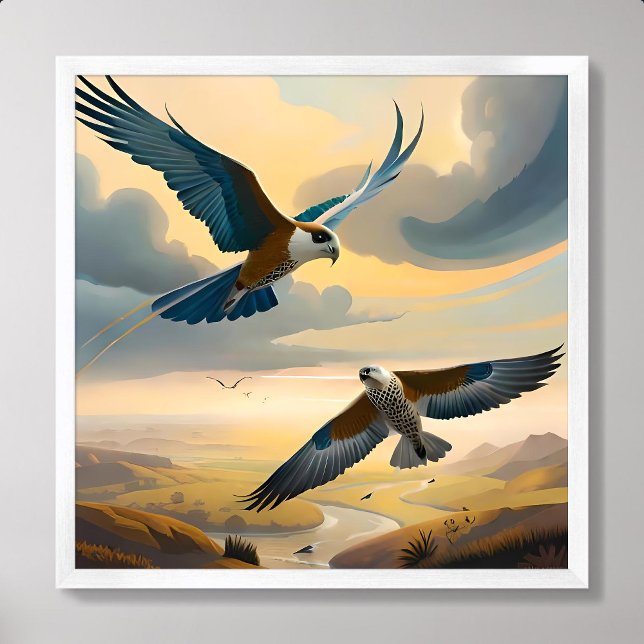 Poster casal de pintura de pássaros voando na nuvem do cé (bird painting couple flying sky cloud afternoon)