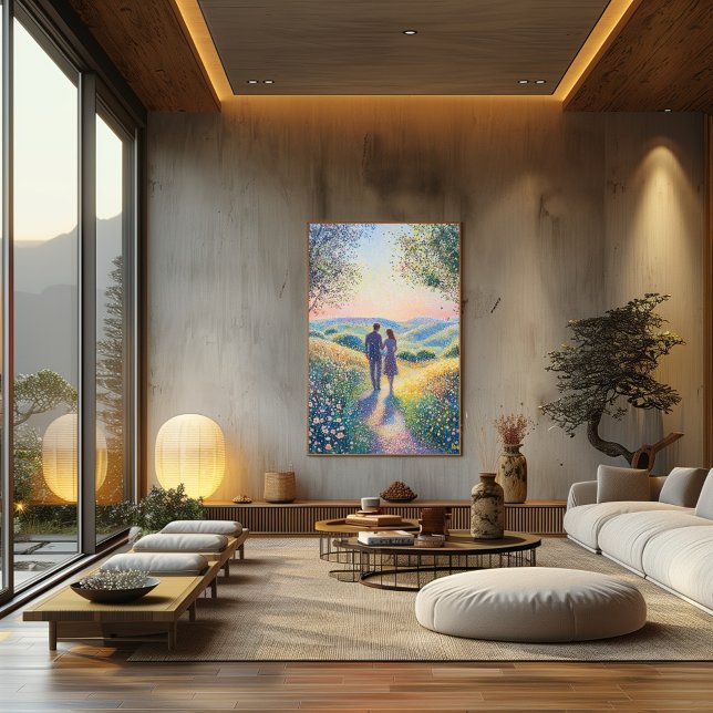 Poster Casal de pointilismo caminhando ao pôr do sol - Ro (Criador carregado)