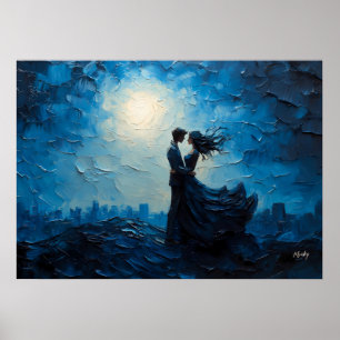 Poster Casal de Romance ao Luar Abraço Noturno Cénico
