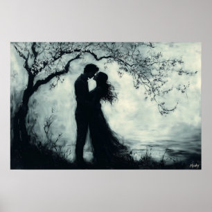 Poster Casal De Silhueta Romântica Sob Árvore Monocromáti