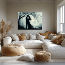 Casal De Silhueta Romântica Sob Árvore Monocromáti