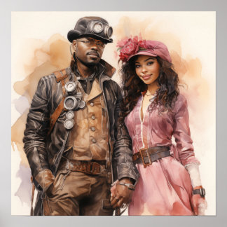 Poster Casal Distinto da Elegância Steampunk Retro