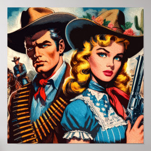 Poster Casal do Velho Oeste Quadrinhos Retro