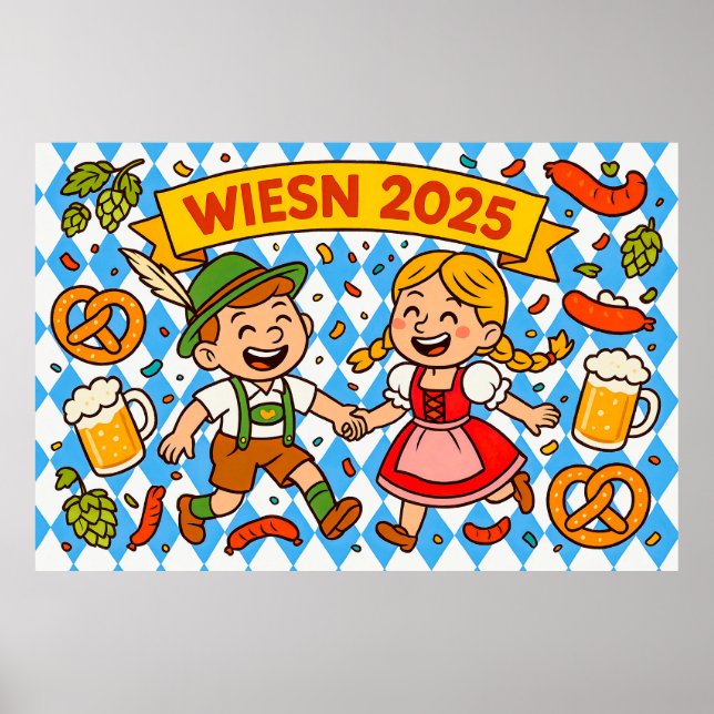 Poster Casal feliz da Oktoberfest com Pretzels e Cerveja (Frente)