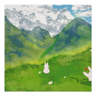 Pôster Casal Fofo de Coelho em Vista de Montanha Poster B