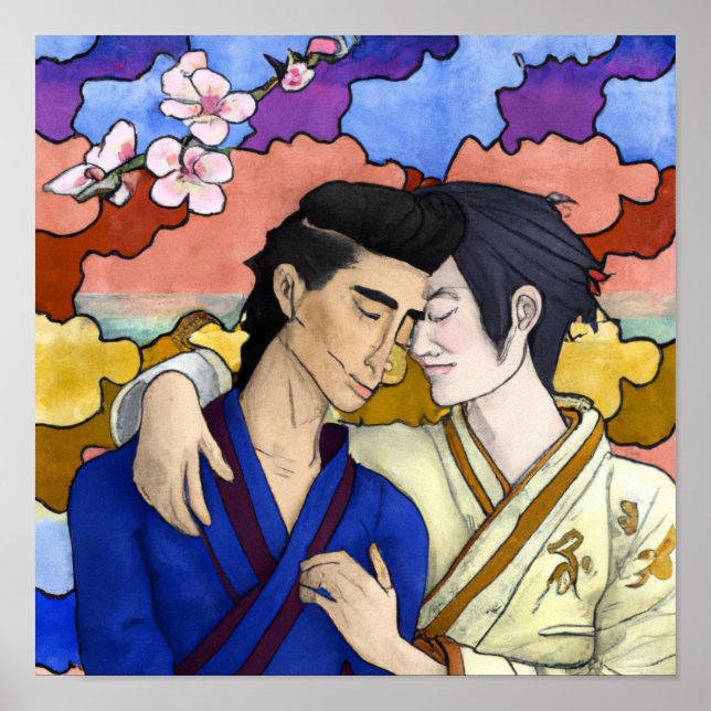 Poster Casal gay no estilo da arte ukiyo-e japonesa (Frente)