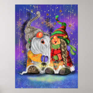 Poster Casal Hugged Gnomos Cantando Feliz Canção De Natal