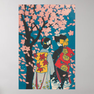 Poster Casal Lésbica Japonês Aproveitando Sakura
