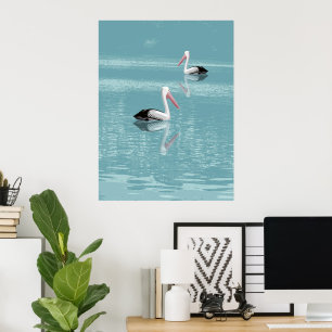 Poster Casal pelicano remando em água aquática calma