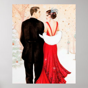 Poster Casal retro do Natal do art deco do vintage